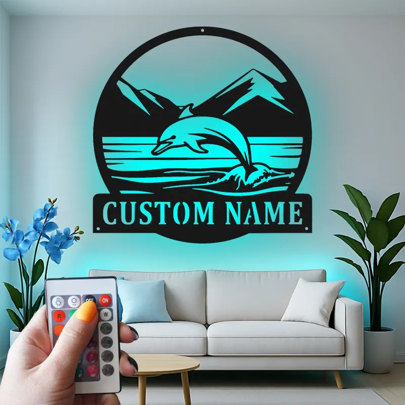 Cartel de metal personalizado con escena oceánica de delfines y luz LED, regalo para amantes de la playa, decoración costera para el hogar