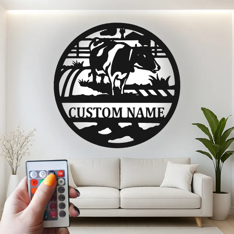 Insegna in metallo LED personalizzata Fattoria di Mucche - Regalo per Agricoltori, Decorazione Rustica per Fienile