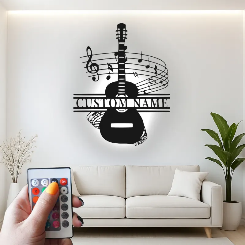 Panneau prénom guitare personnalisé | Décoration murale en métal sur mesure avec LED | Décor studio de musique | Cadeau pour musicien