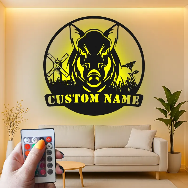 Cartel de metal personalizado con luz LED de jabalí, regalo personalizado para cazadores, decoración rústica de cabaña