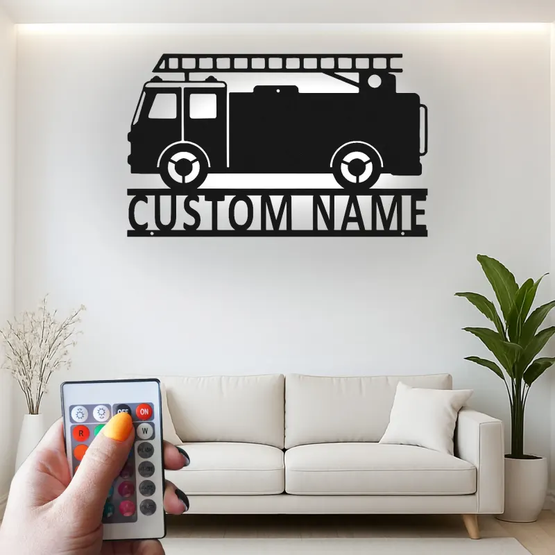 Personalized Fire Truck Metal Sign | LED Light Wall Art | Custom Firefighter Gift | Fire Station Decor