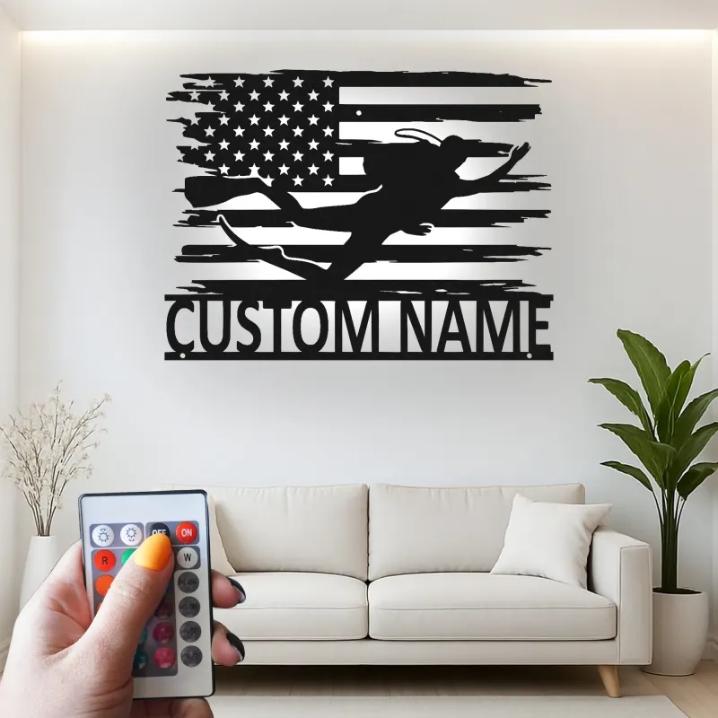 Arte Mural de Metal de Buceador Personalizado | Cartel LED de Bandera Americana | Regalo de Nombre Personalizado para Buceador | Decoración Patriótica para Hogar y Oficina