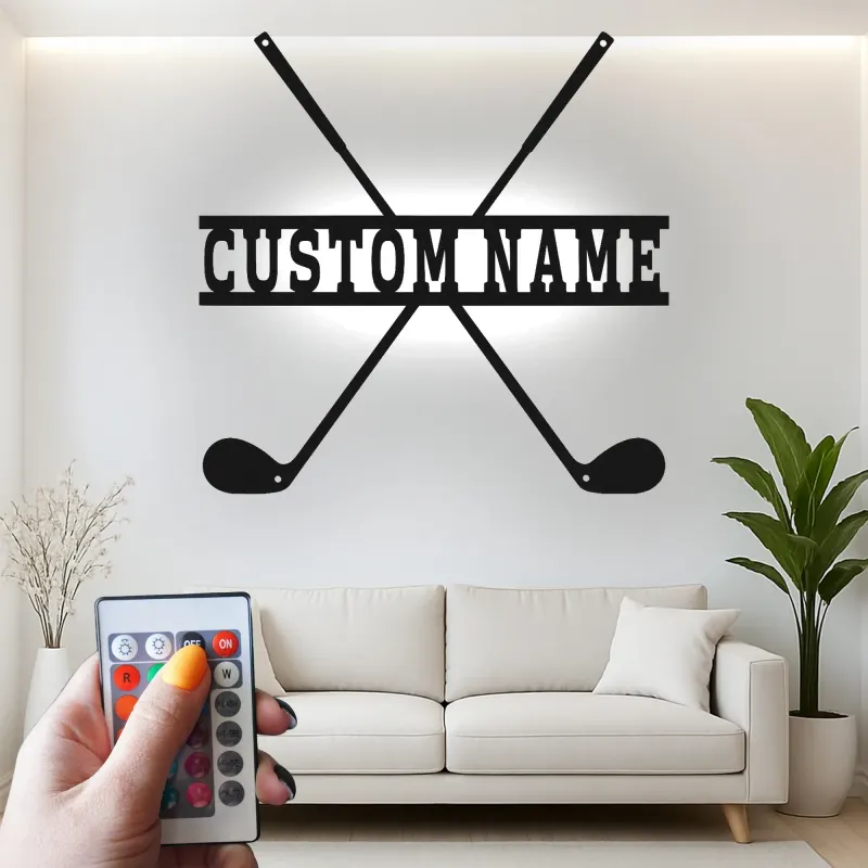 Personalisierte Golfclubs LED-Schild | Metall-Namenskunst für die Wand