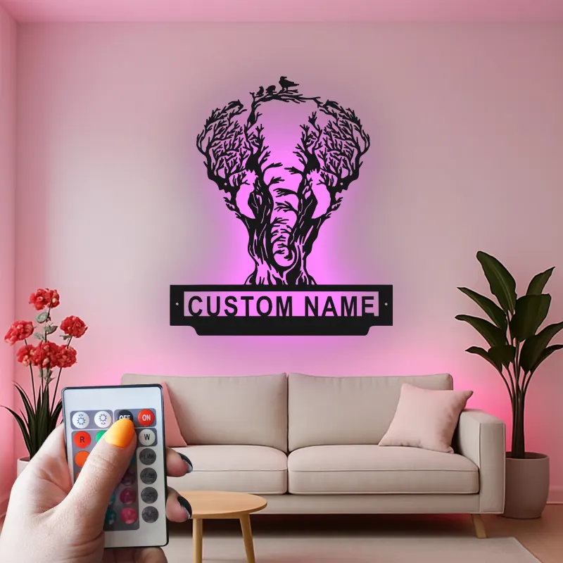 Cartel de metal LED de árbol de elefante personalizado, regalo de vida salvaje, decoración de sala de estar naturaleza
