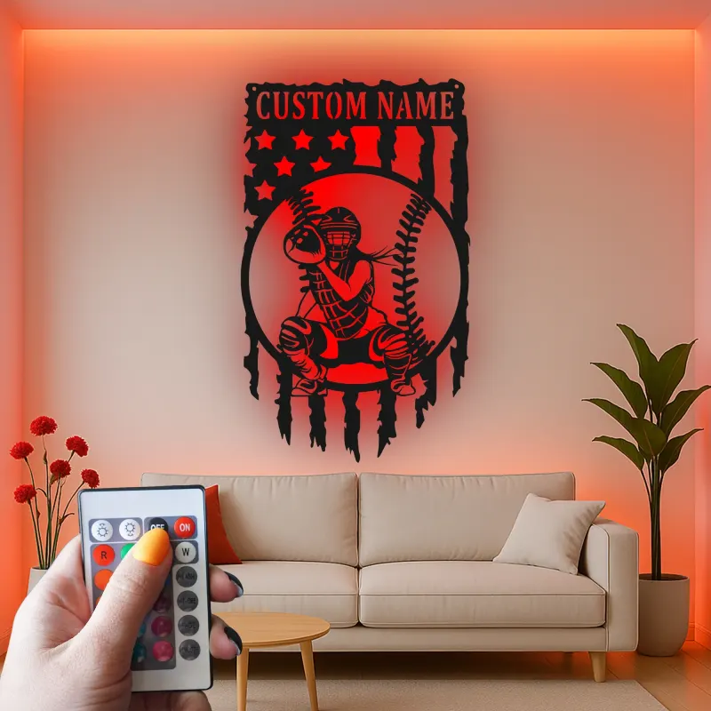 Insegna in metallo personalizzata con luce LED per catcher di baseball - Regalo sportivo personalizzato per atleti e decorazione per sale giochi