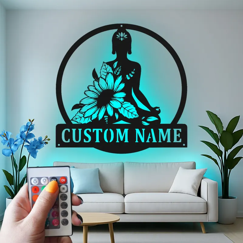 Personalisierte LED-beleuchtete Buddha-Meditation mit Sonnenblume – Geschenk für Yoga-Liebhaber, Zen-Garten oder Meditationsraum-Dekor