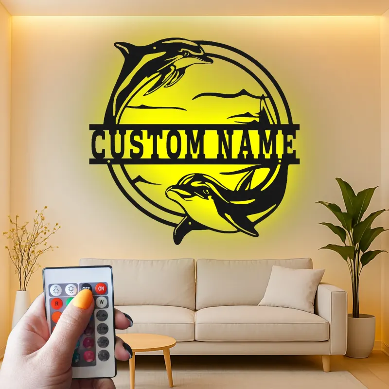 Cartel de metal personalizado con delfín y luz LED, regalo para amantes del océano, decoración para dormitorio o salón