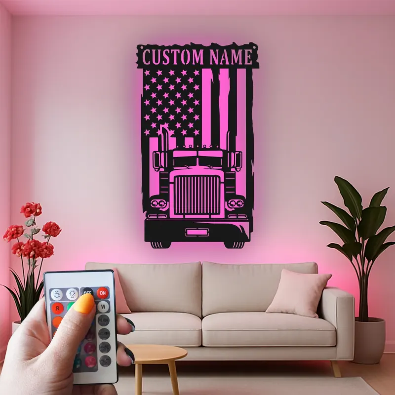 Insegna in metallo personalizzata con camion americano retroilluminato regalo per camionisti decorazione per garage o man cave