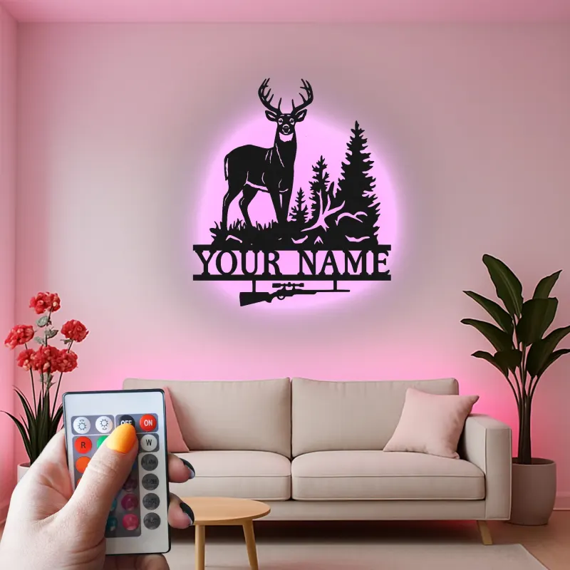 Insegna in metallo personalizzata per cacciatori di cervi con luce LED regalo personalizzato per cacciatori decorazione rustica per cabine 3