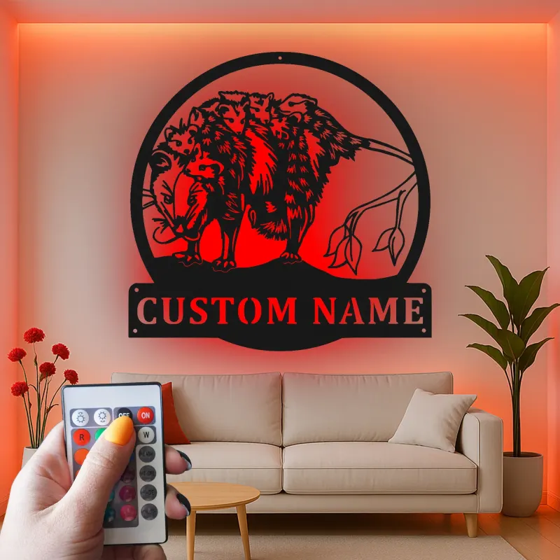 Opossum LED Metallschild | Personalisierte Wildtier-Dekoration aus Virginia | Geschenk für Naturfreunde | Rustikales Cabin-Dekor