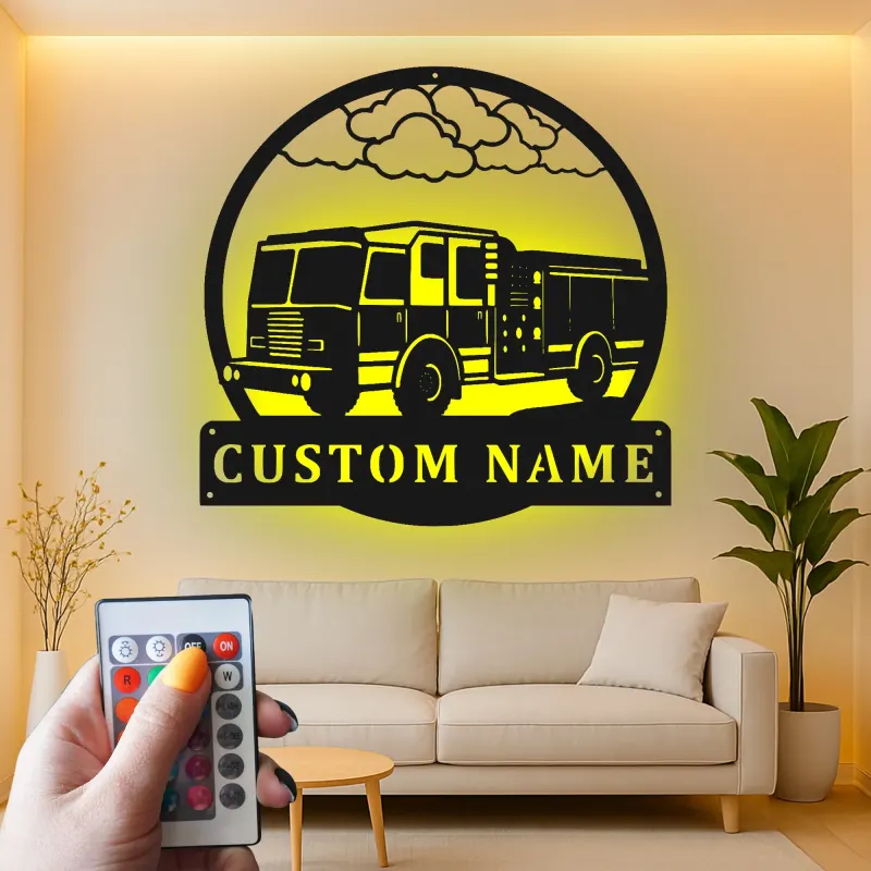 Personalized Fire Truck LED Sign | Custom Firefighter Gift | Metal Wall Art for Fire Station Decor
