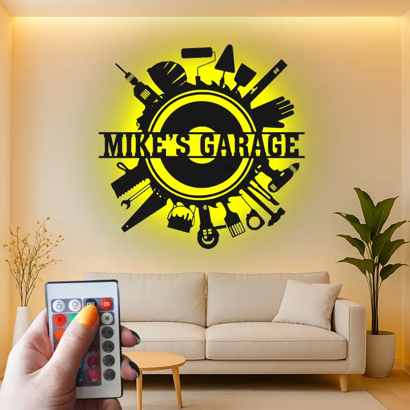 Enseigne LED personnalisée pour garage | Décoration murale en métal personnalisée avec outils | Déco atelier et man cave | Cadeau pour bricoleur