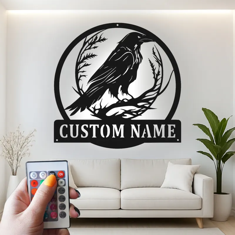 Personalisierte LED-Raben-Schild | Individuelle Gothic-Vogel-Metall-Wandkunst | Geschenk für Naturfreunde für Zuhause oder Büro