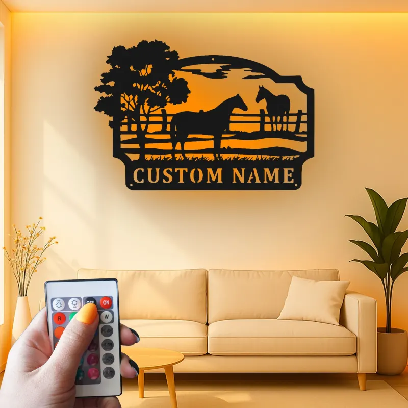 Insegna per Ranch di Cavalli Personalizzata con LED | Arte in Metallo Personalizzata | Decorazione Equestre per Regalo da Fattoria