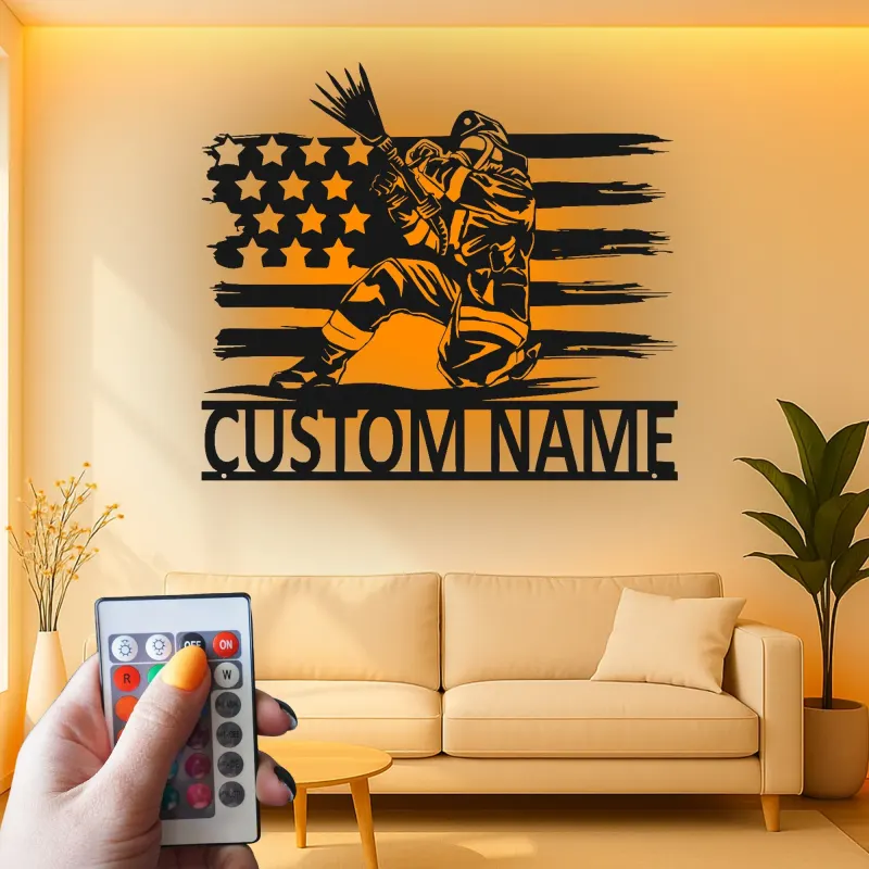 Panneau LED personnalisé pour pompier | Décoration murale en métal personnalisée avec drapeau américain | Cadeau patriotique pour pompier | Décor de caserne