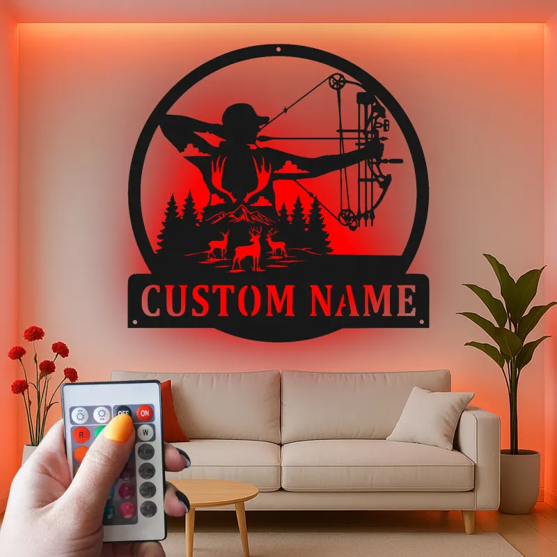 Insegna in metallo personalizzata con LED per cacciatori di archi, regalo personalizzato per arcieri, decorazione per cabin rustica