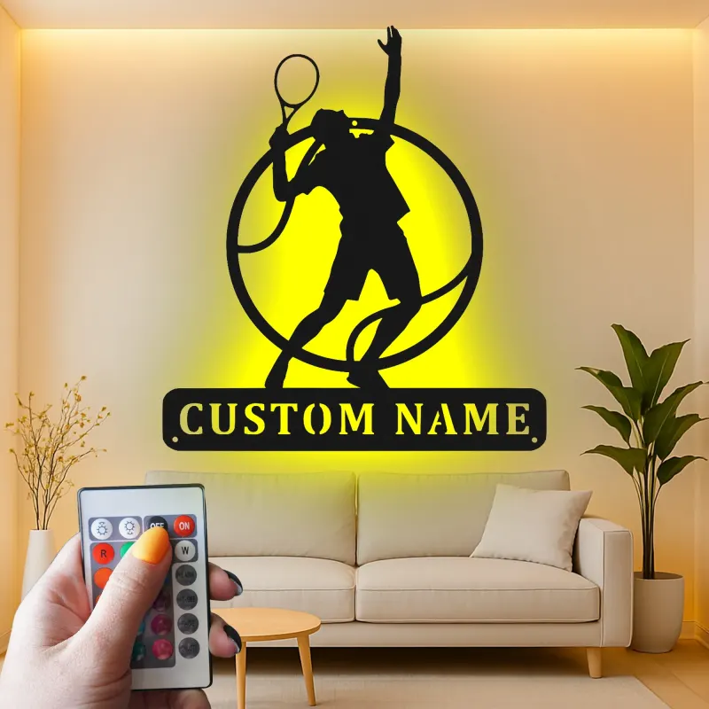Arte murale in metallo per giocatore di tennis personalizzata | Insegna LED personalizzata per sala giochi | Regalo decorativo per atleta