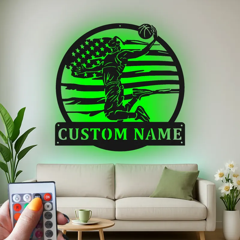 Décoration murale en métal personnalisée pour joueur de basketball avec rétroéclairage LED - Cadeau pour fans de sport
