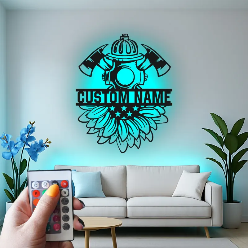 Custom Firefighter Metal Sign with LED | Personalized Fire Dept. Wall Art | Fireman Gift for Home or Station with Sunflower Decor
