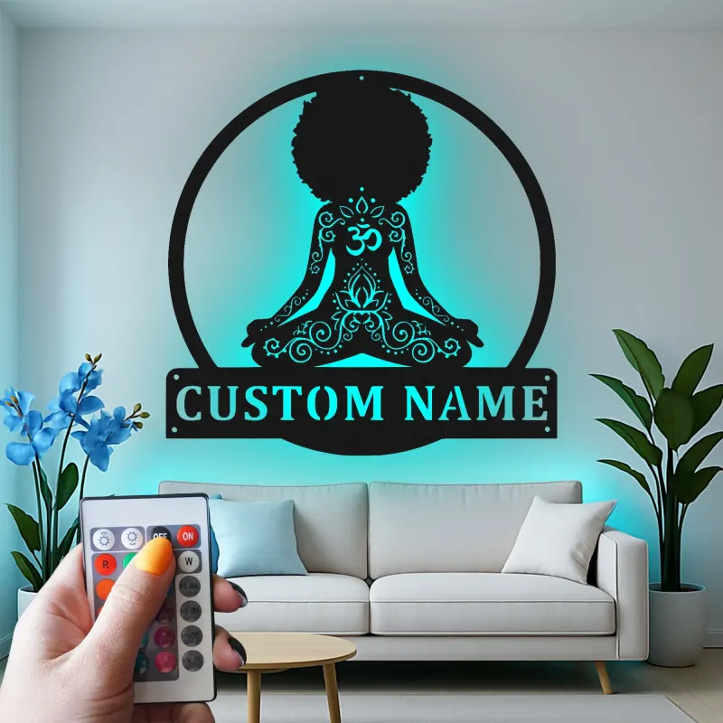 Custom Meditating Woman Led Light Metal Wall Art Yoga Lover Gift Zen Room or Meditation Space Decor