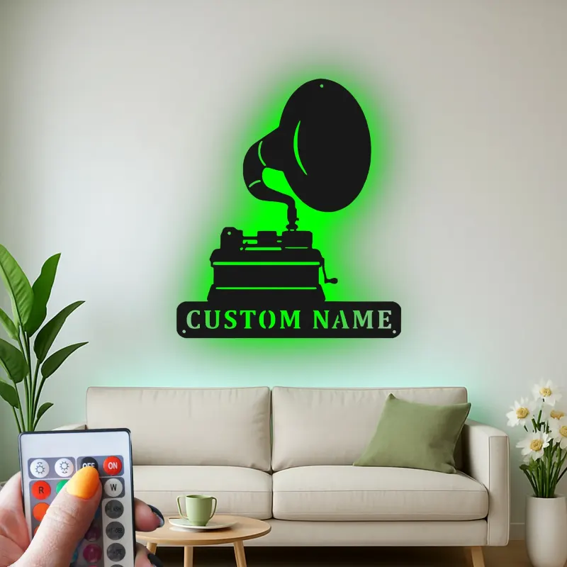 Personalisierte Vintage Phonograph LED Licht Metall-Wandkunst Geschenk für Musikliebhaber, Retro-Wohnzimmer-Dekor