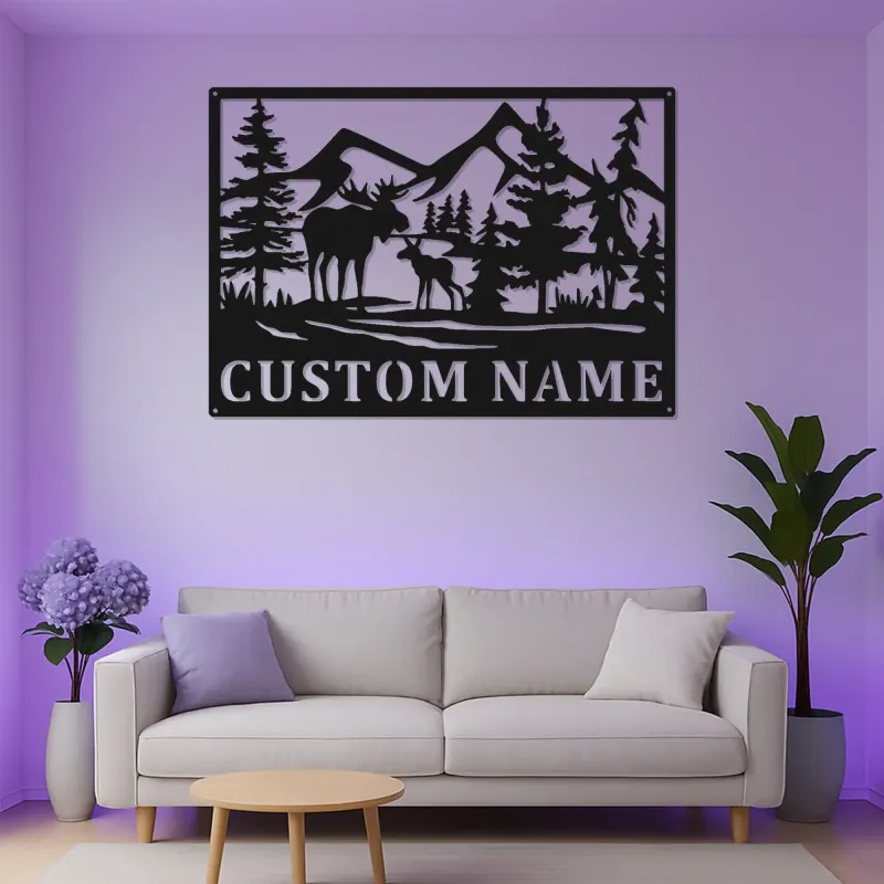 Letrero de metal personalizado con alce | Arte mural LED personalizado de fauna salvaje | Decoración rústica para cabaña y letrero con nombre para refugio