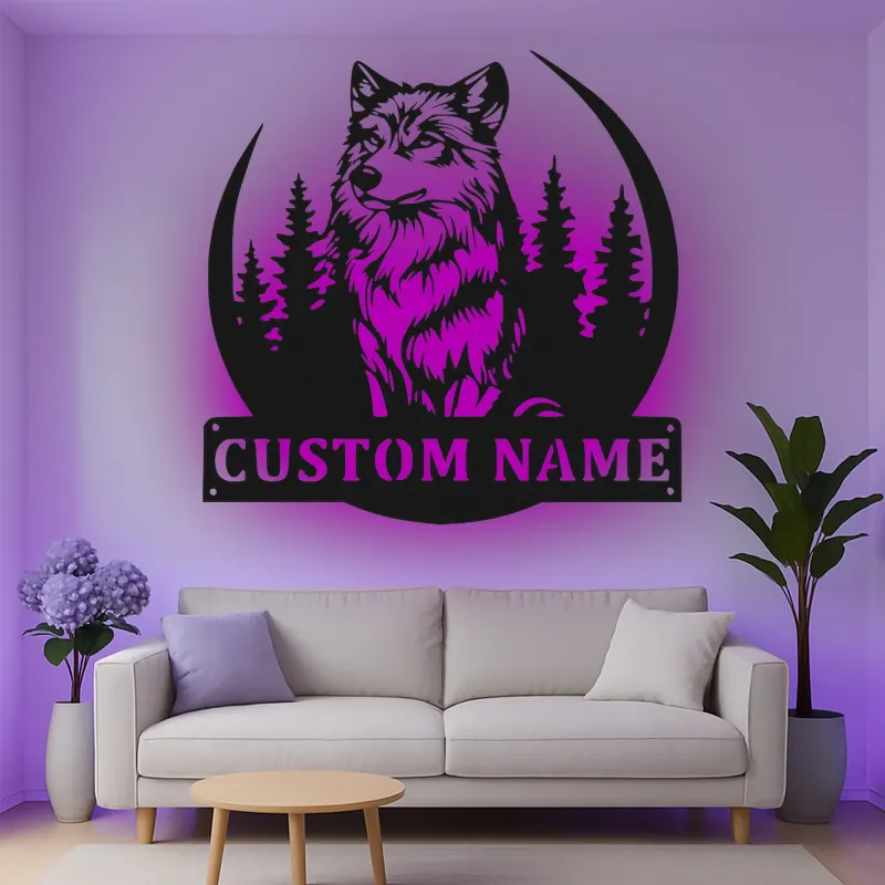 Insegna in metallo LED personalizzata con lupo - Regalo per amanti della natura, decorazione per cabin rustica