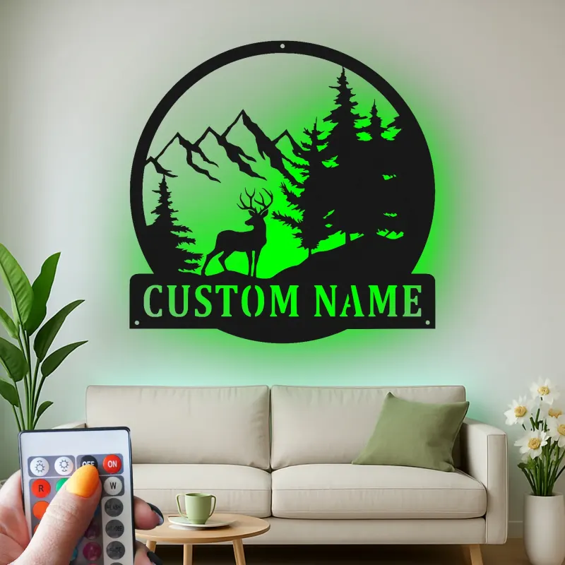 Custom Deer Mountain Scene Led Light Metal Wall Art Personalized Nature Lover Gift Cabin Decor