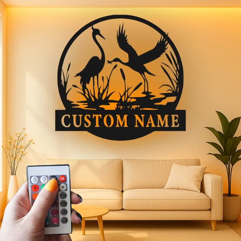 Décoration murale en métal personnalisée avec silhouette de grue et rétroéclairage LED - Cadeau pour les amoureux de la nature, décoration pour chambre ou salon