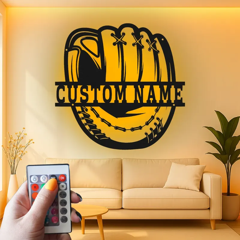 Insegna in metallo personalizzata con luce LED per guanto da baseball - Regalo personalizzato per appassionati di baseball e decorazione per stanze sportive