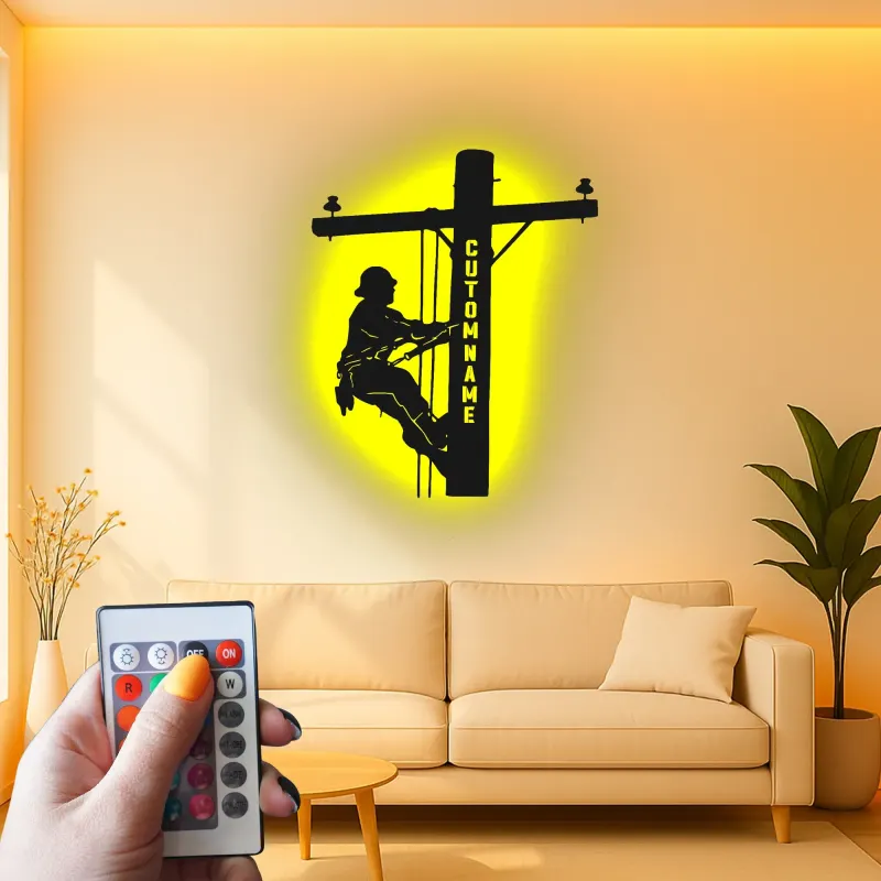 Lineman LED Metall-Wandkunst | Personalisierte Elektriker Geschenk | Individuelles Utility Worker Silhouette Schild mit RGB-Lichtern