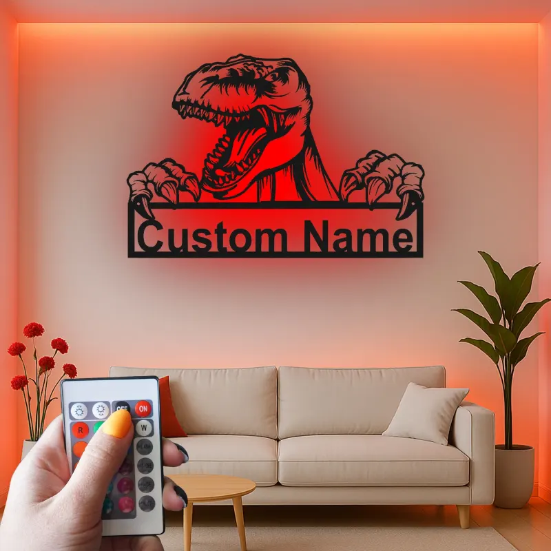 Custom T-Rex Led Light Metal Wall Art Personalized Dinosaur Gift for Kids Unique Bedroom Decor