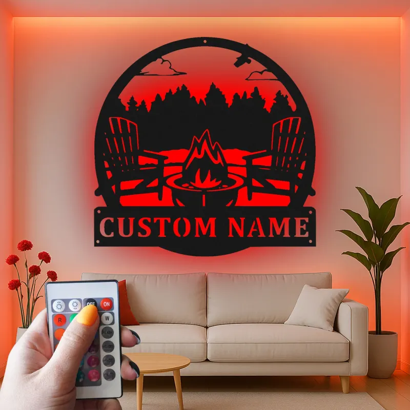 Cartel de metal personalizado con luz LED de escena de fogata para regalo al aire libre