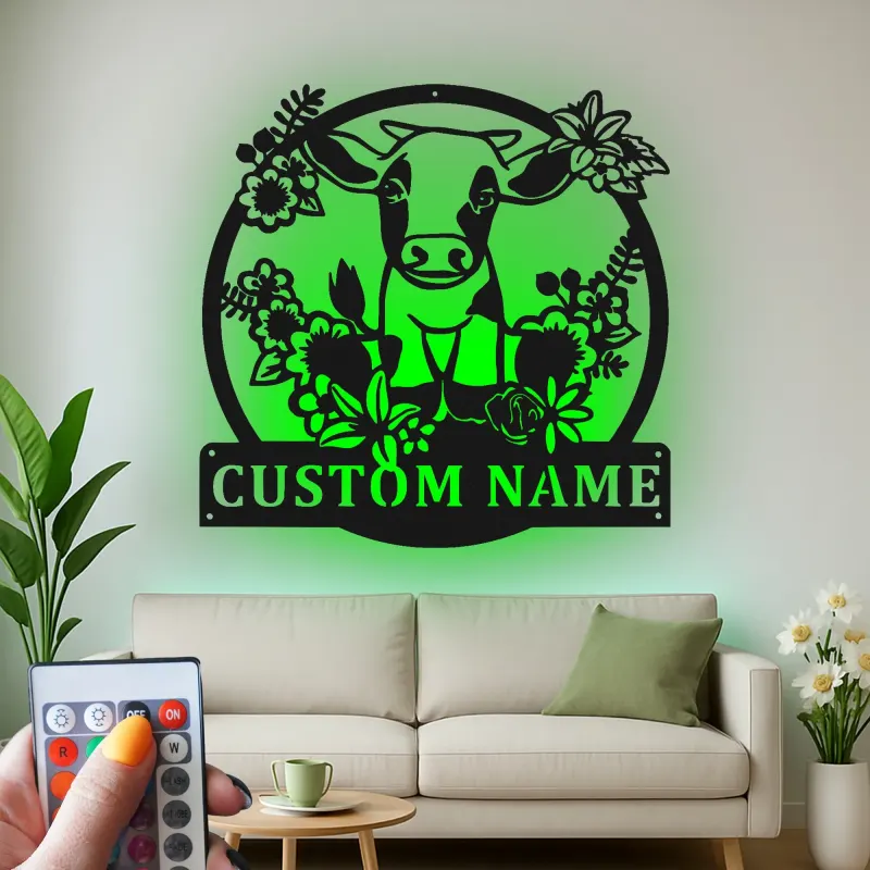 Insegna in metallo LED personalizzata con mucca e fiori - Regalo per fattoria - Decorazione rustica per cucina