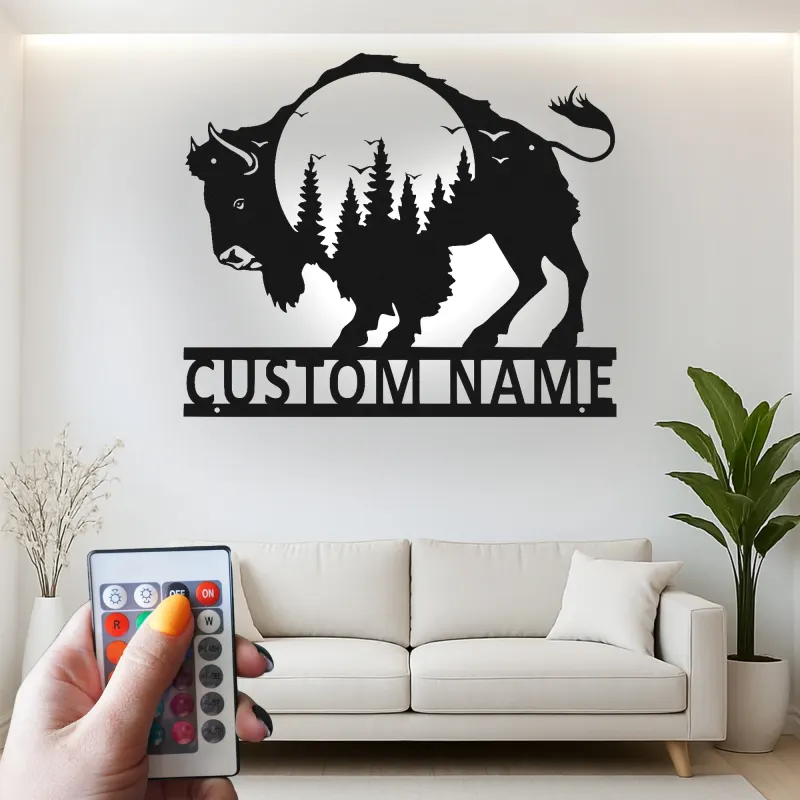 Insegna in metallo personalizzata con silhouette di bisonte retroilluminata LED regalo per amanti della fauna selvatica decorazione rustica per la casa