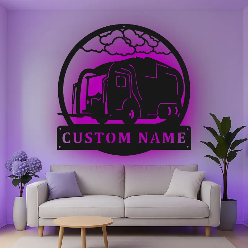 Personalisierte LED-Metall-Wandkunst mit Müllwagen – Einzigartiges Geschenk für Mitarbeitende der Abfallwirtschaft, Garagen- oder Bürodeko