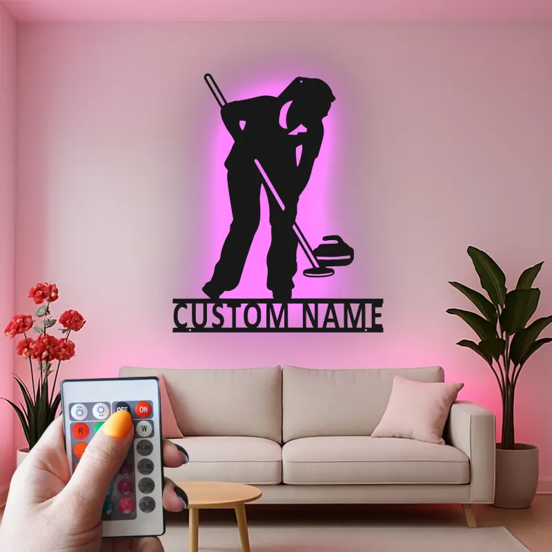 Insegna in metallo con giocatore di curling e luce LED - Regalo sportivo per appassionati di curling - Decorazione per sala giochi