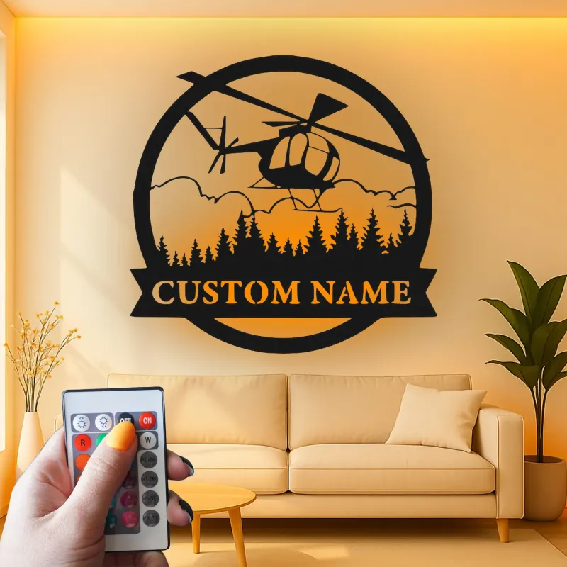 Custom Helicopter LED Sign | Personalized Pilot Gift | Metal Aviation Wall Art for Office & Man Cave