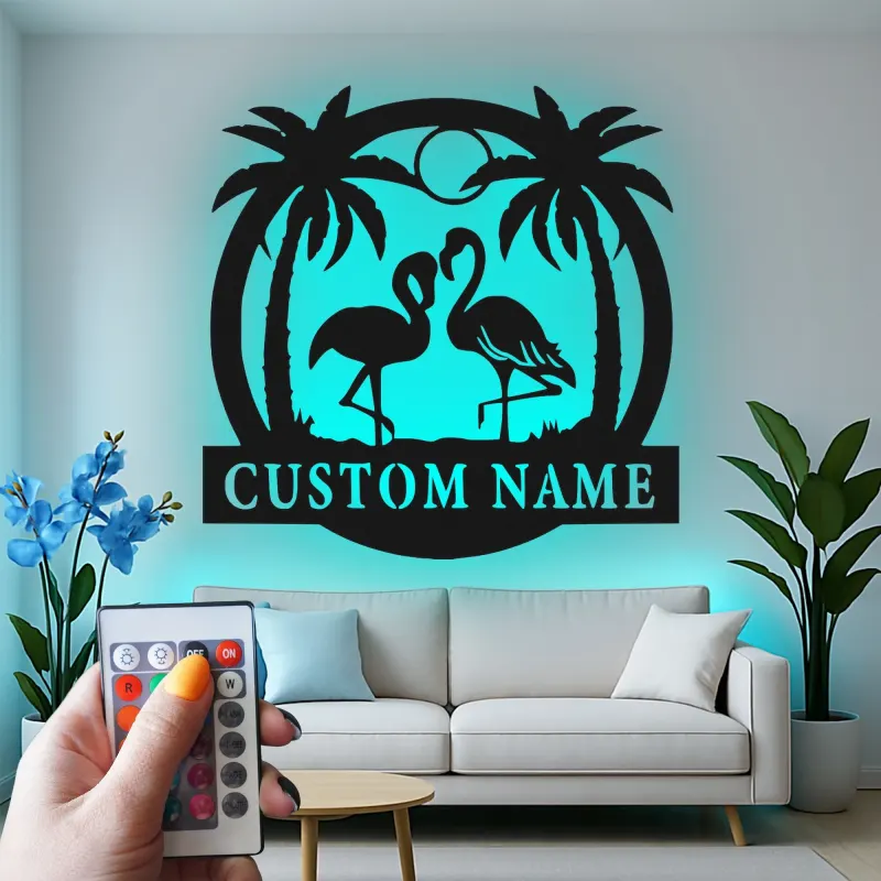 Insegna in metallo con fenicottero personalizzata e LED | Decorazione tropicale per casa al mare | Arte murale con nome per patio e soggiorno