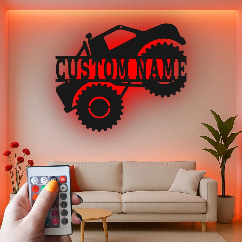 Insegna LED Monster Truck Personalizzata | Arte in Metallo Personalizzata | Decorazione Stanza dei Ragazzi e Regalo Fuoristrada | Targa Illuminata
