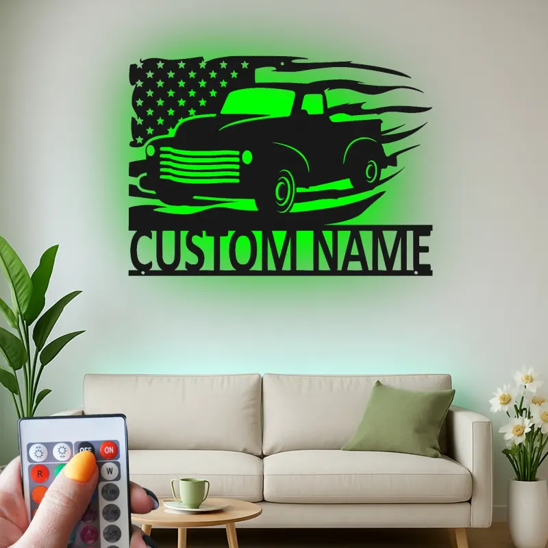 Personalisierter Vintage-Truck mit amerikanischer Flagge LED-Licht Metall-Wandkunst Geschenk für Ihn Garagen- oder Männerecken-Dekor