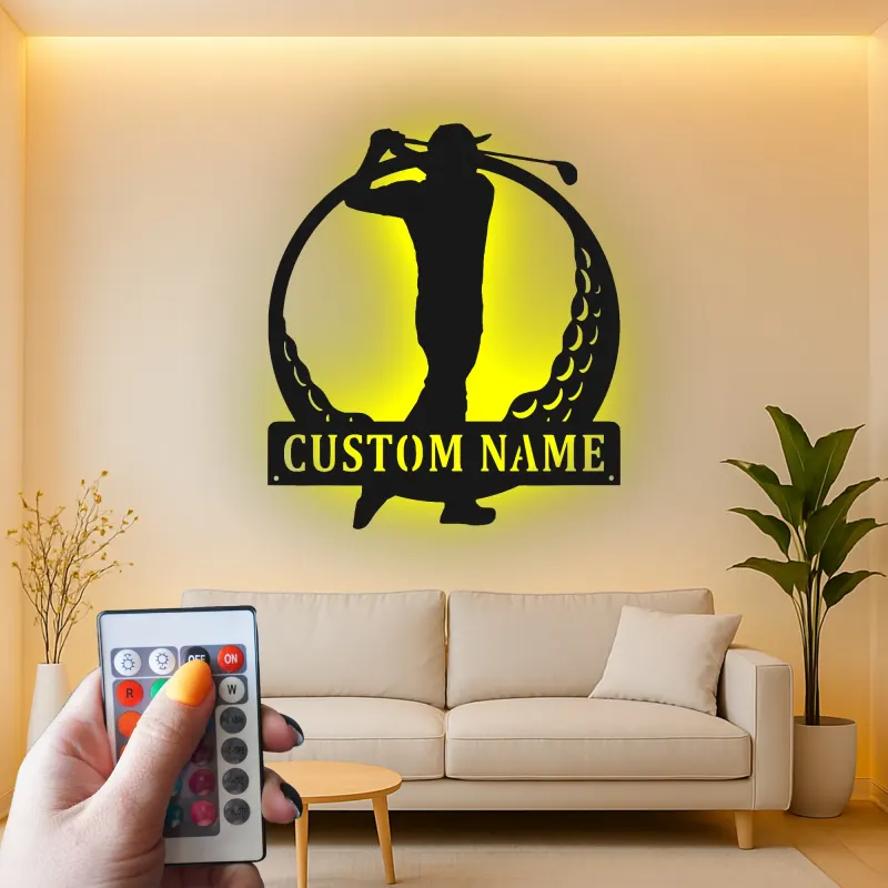 Insegna in metallo personalizzata per golfista con LED | Targa nome golf su misura | Decorazione murale per home bar e regalo per papà
