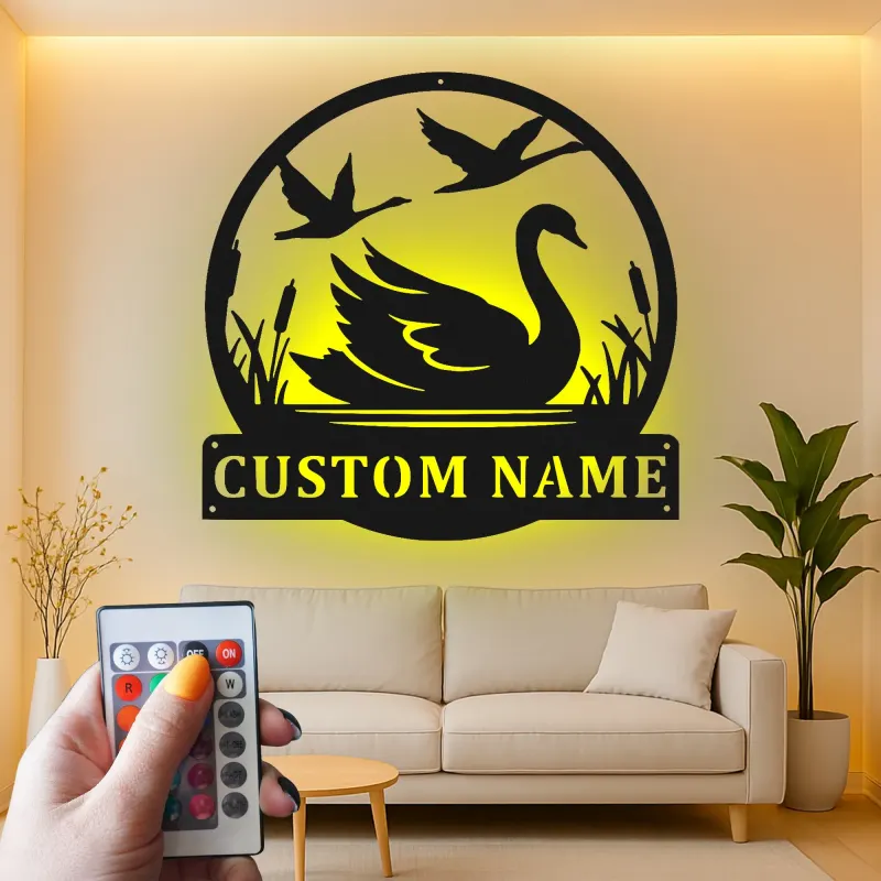 Décoration murale en métal personnalisée Cygne et Oies avec Rétroéclairage Cadeau pour Amoureux de la Nature Chambre ou Salon