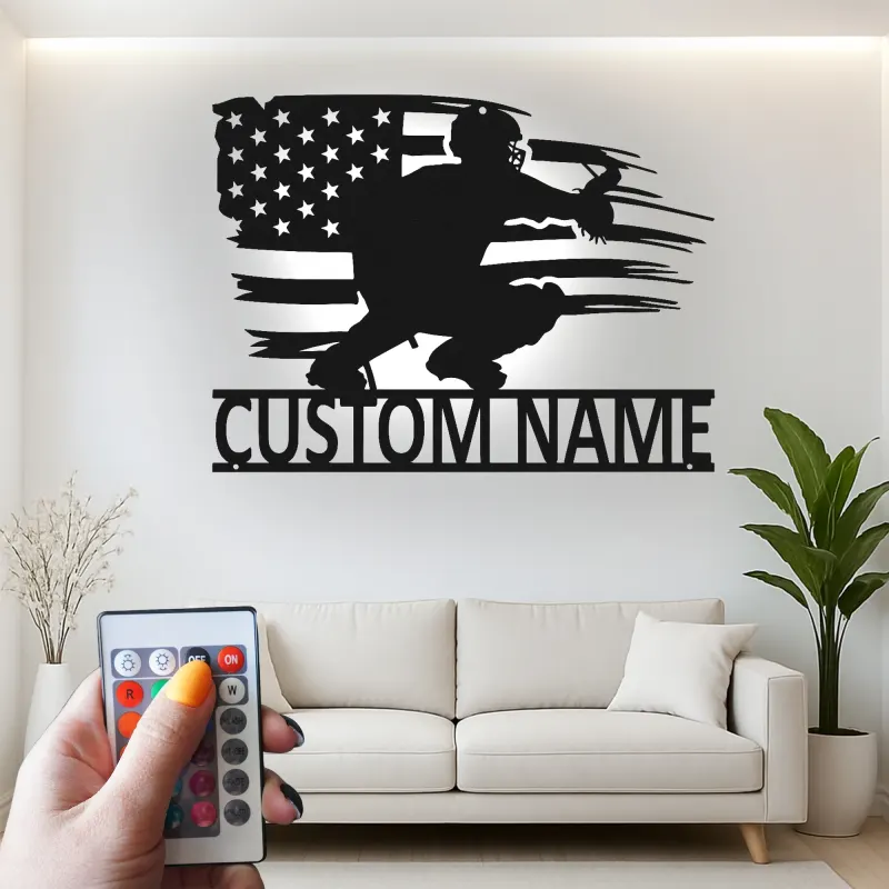Custom Baseball Catcher Led Light Metal Wall Art Personalized Gift for Baseball Fans Game Room Sports Decor
