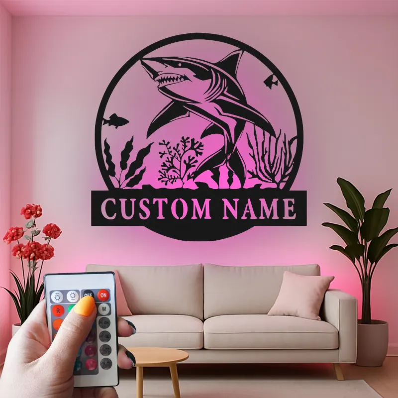 Art mural en métal requin blanc LED | Enseigne océan personnalisée | Décoration murale nautique pour bureau et maison côtière | Accent prédateur marin