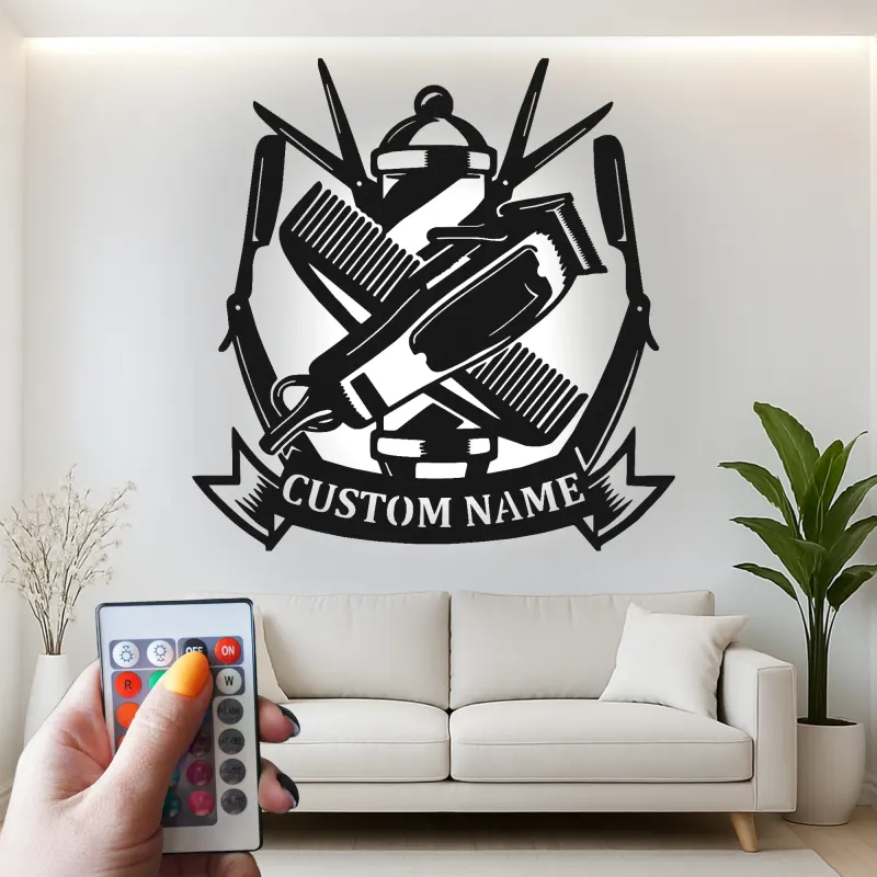 Custom Barber Tools Led Light Metal Wall Art Personalized Gift for Barbers Barber Shop Decor