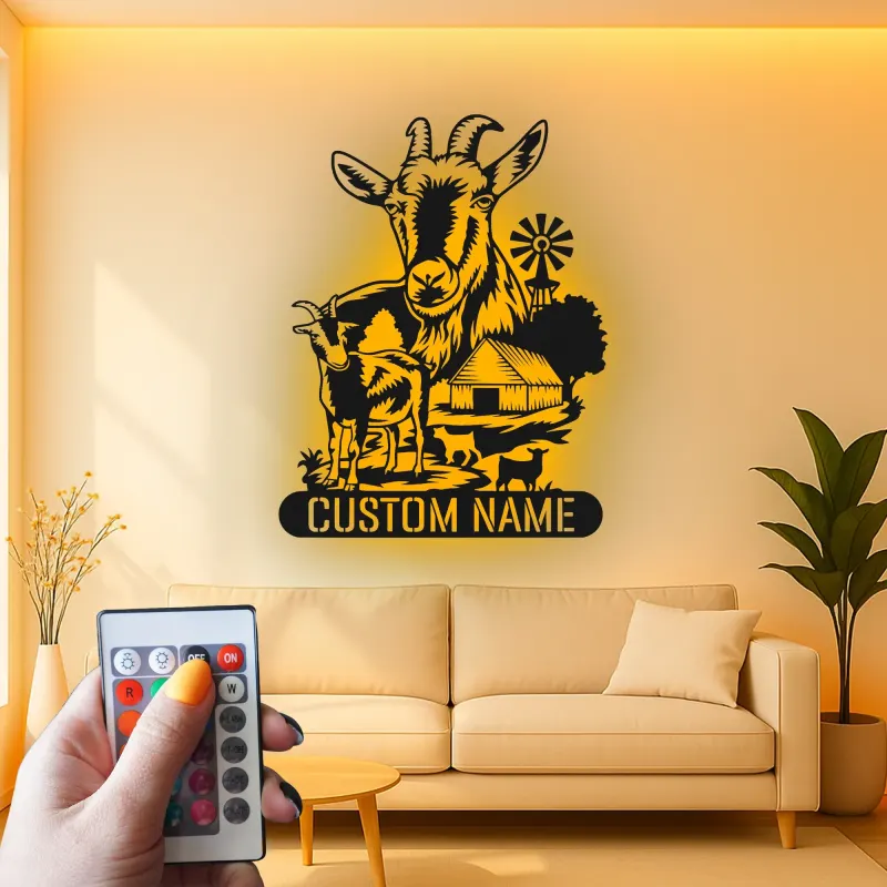 Insegna LED personalizzata per fattoria di capre | Arte murale in metallo personalizzata per agricoltori | Arredo rustico per casa di campagna e ranch
