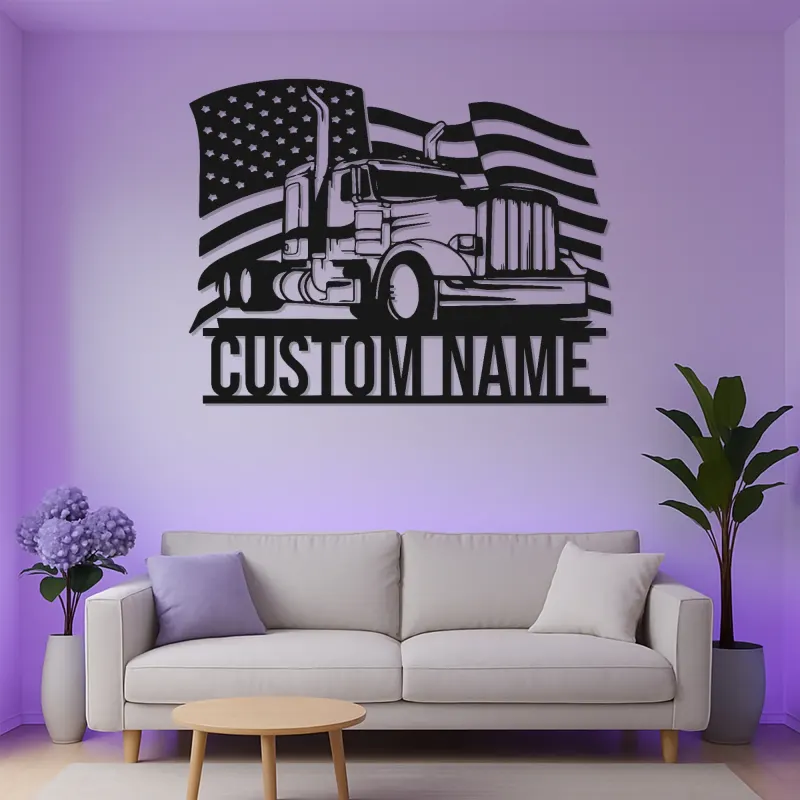 Personalized Semi Truck Metal Art | LED American Flag Sign | Patriotic Trucker Decor & Gift for Man Cave | Laser Cut Steel