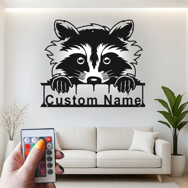 Panneau Métallique Raton Laveur Personnalisé | Plaque de Nom Rétroéclairée pour Nursery | Décor de Chambre d'Enfant Animaux de la Forêt
