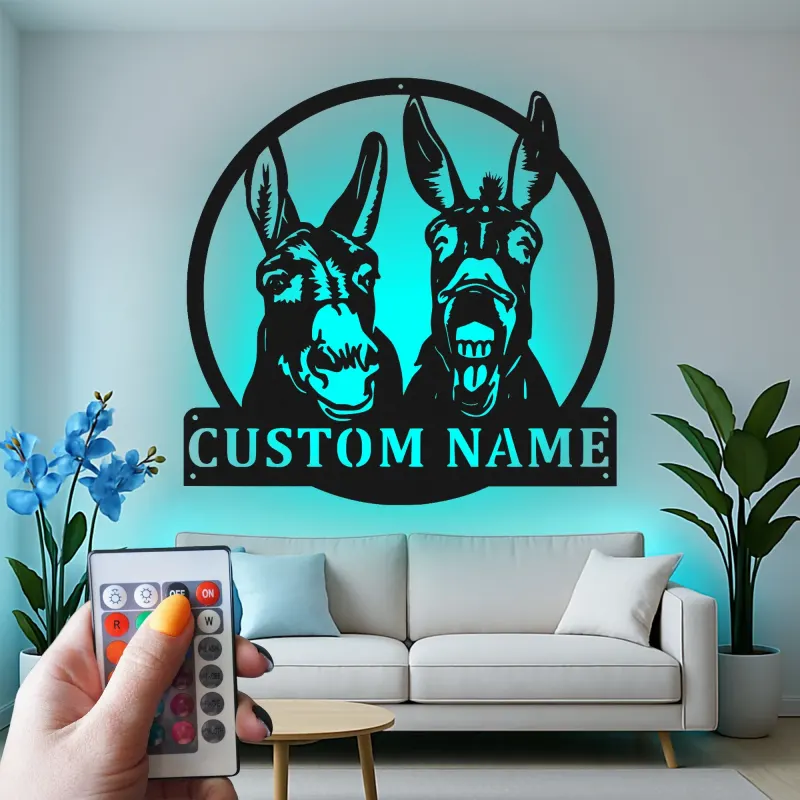 Cartel de metal LED personalizado de dúo de burros, regalo de granja, decoración para el granero o el salón